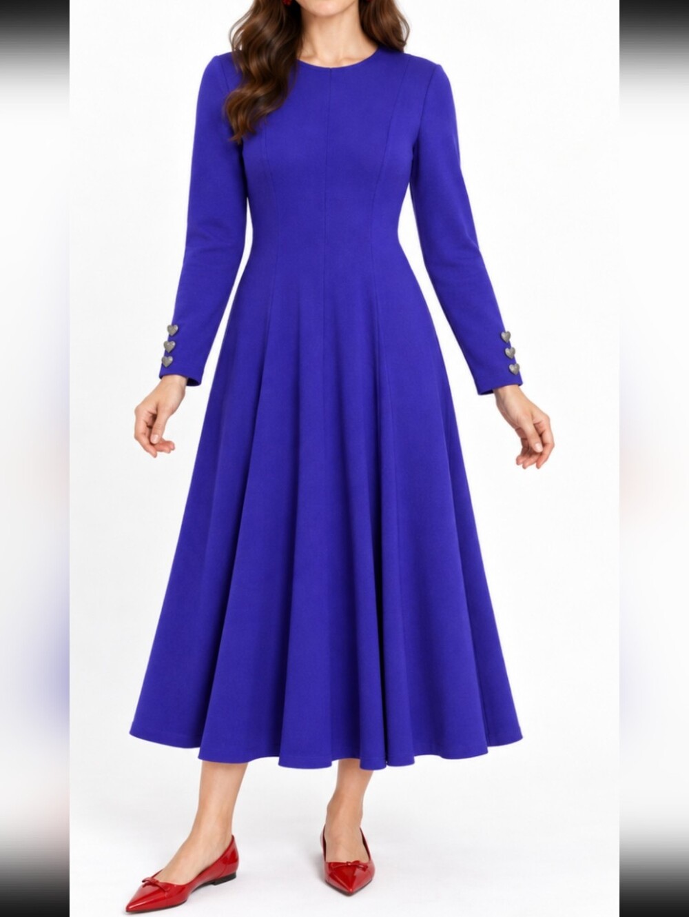 Vintage ALGO Purple S12 Fit & Flare Midi Dress Heart Button Cuffs Made in Canada